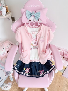 RichGirl少女兔子白色刺绣T恤粉色泡泡袖开衫印花T恤+牛仔百褶裙