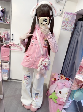 RichGirl少女日系可爱刺绣mp精致马甲粉色+兔兔刺绣白色裤子套装