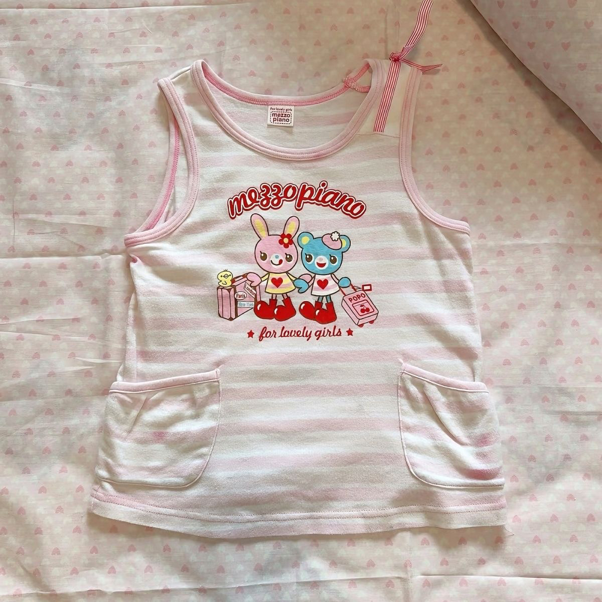 RichGirl少女日系吊带背心可爱古着条纹口袋卡通甜妹蝴蝶结mp上衣