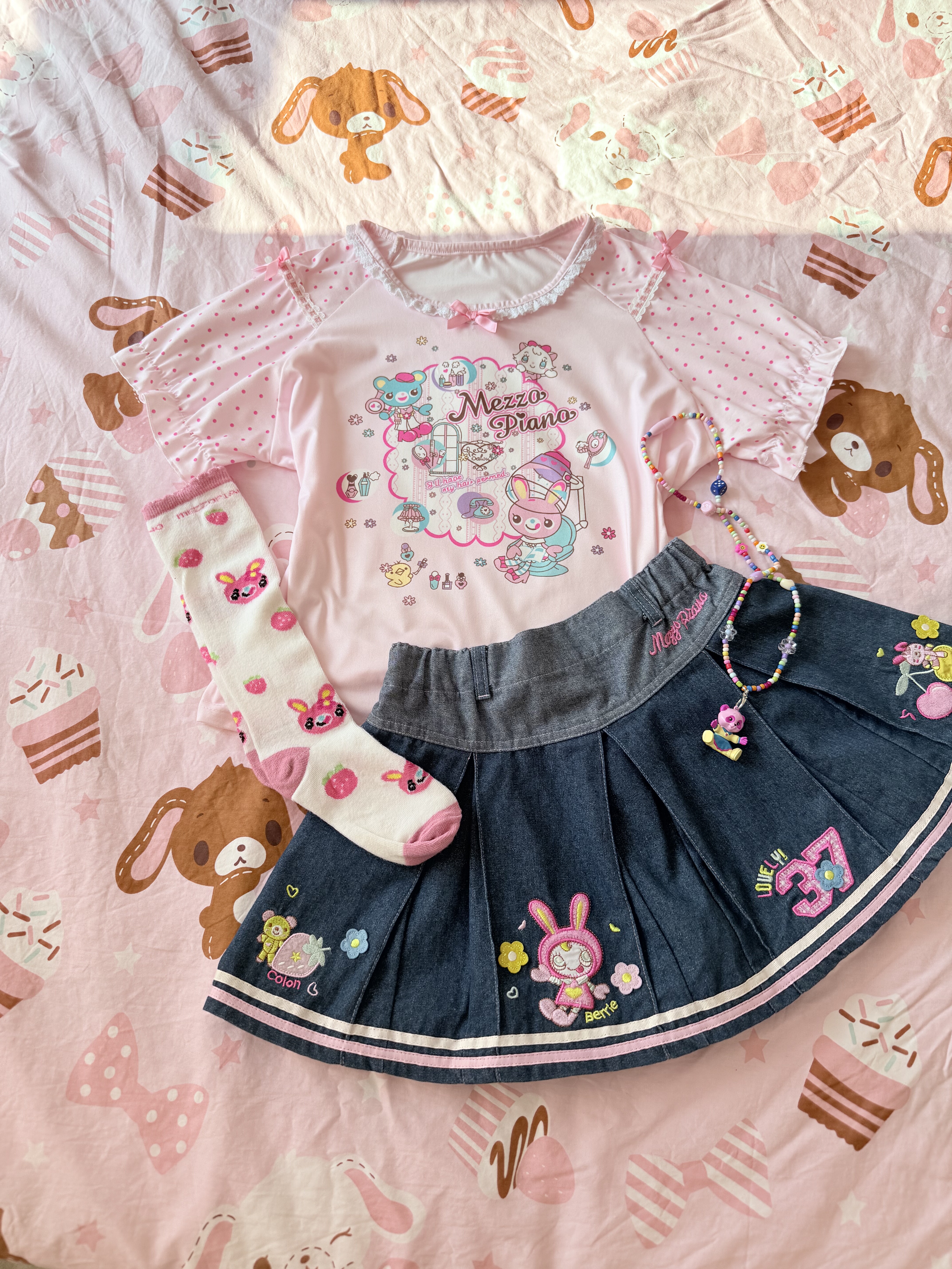 RichGirl少女可爱童趣印花波点泡泡袖短袖T恤+牛仔百褶刺绣裙套装,女装/女士精品,时尚套装,淘宝优惠券,粉丝福利购,淘宝优惠卷