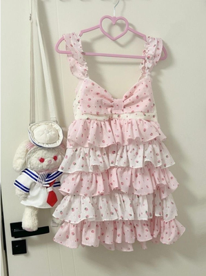 软妹RichGirl少女复刻古着女儿服可爱甜美波点拼接吊带软妹草莓裙