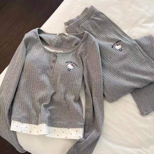 家居服套装 kitty猫睡衣女带胸垫春秋季 长裤 少女撞色长袖 外穿 韩版