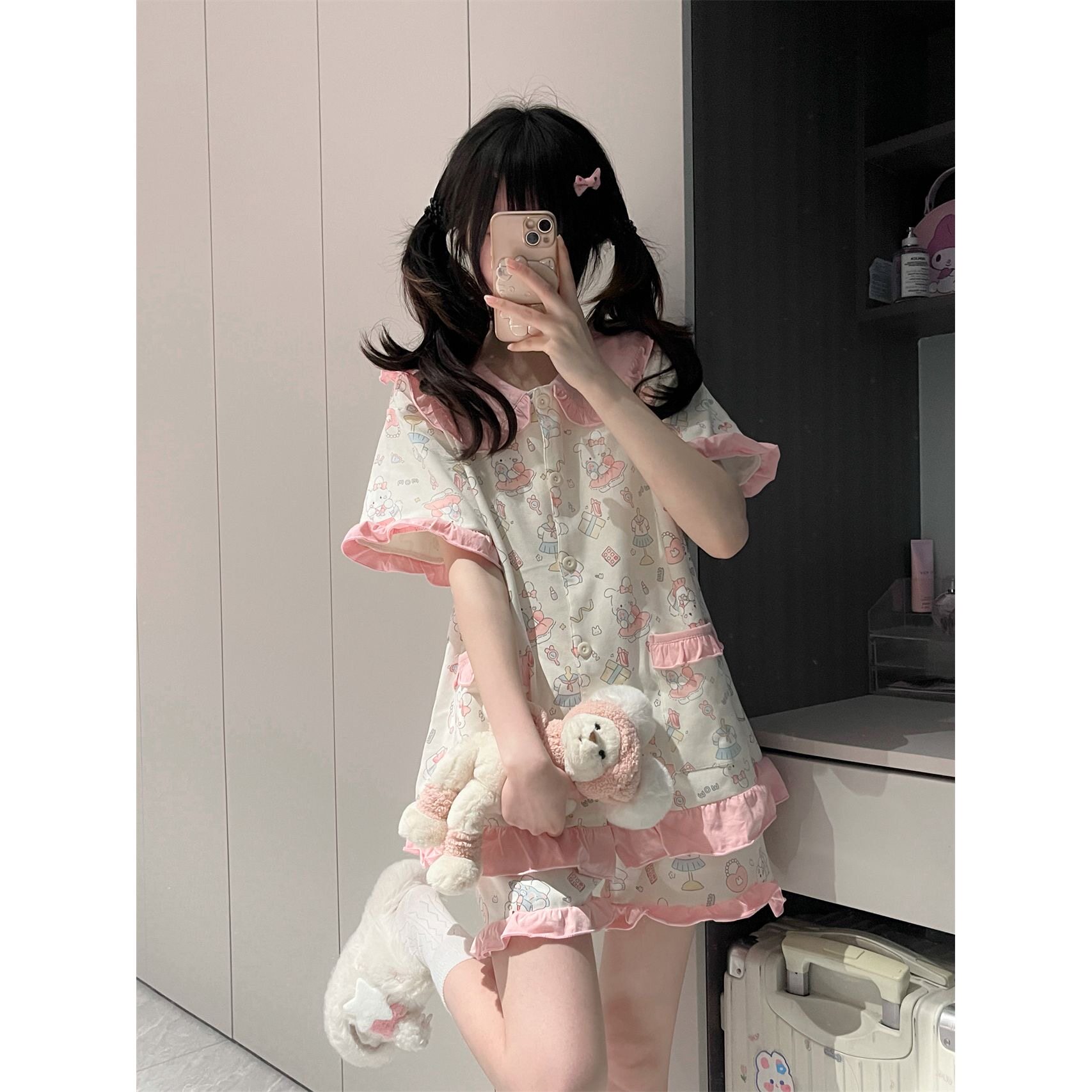 可爱粉色兔子睡衣女夏季短袖短裤日系娃娃领学生可外穿家居服套装