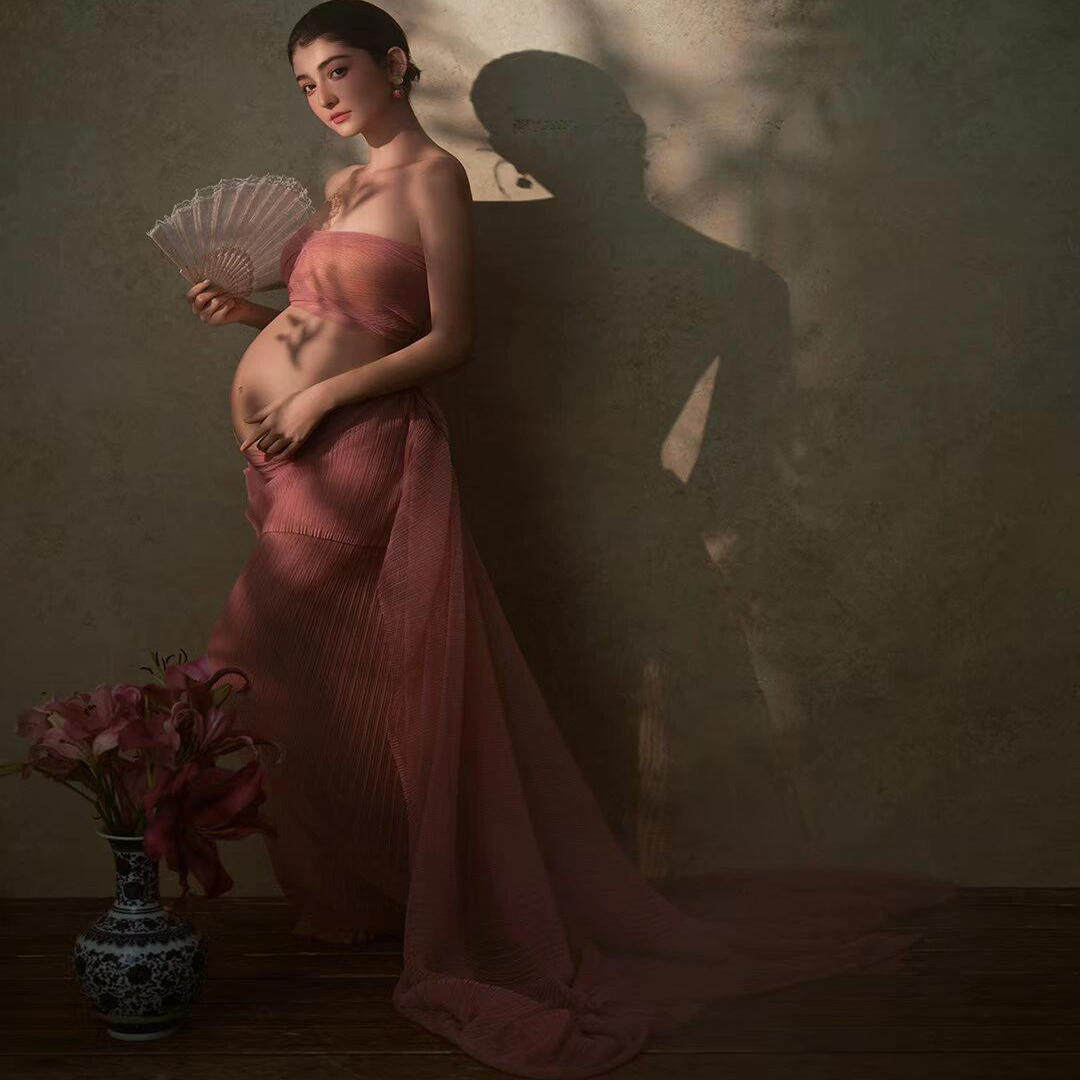 影楼新款新中式孕妇装光影法式优雅浪漫粉色裹胸半裙大肚照拍摄服