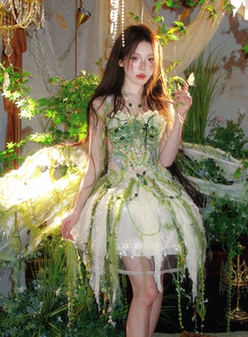 出售影楼写真拍摄服装绿色精灵发光氛围感森系少女油画风