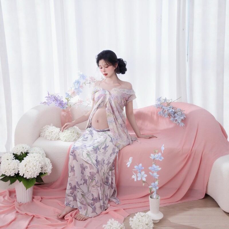 梦幻风一字肩花卉印花拖尾连衣裙女夏季孕妇艺术照摄影服装