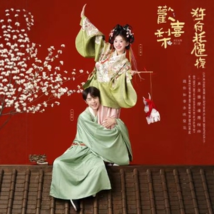 马面裙影楼拍照摄影服装 复古明制汉服绿色古装 情侣装 中式