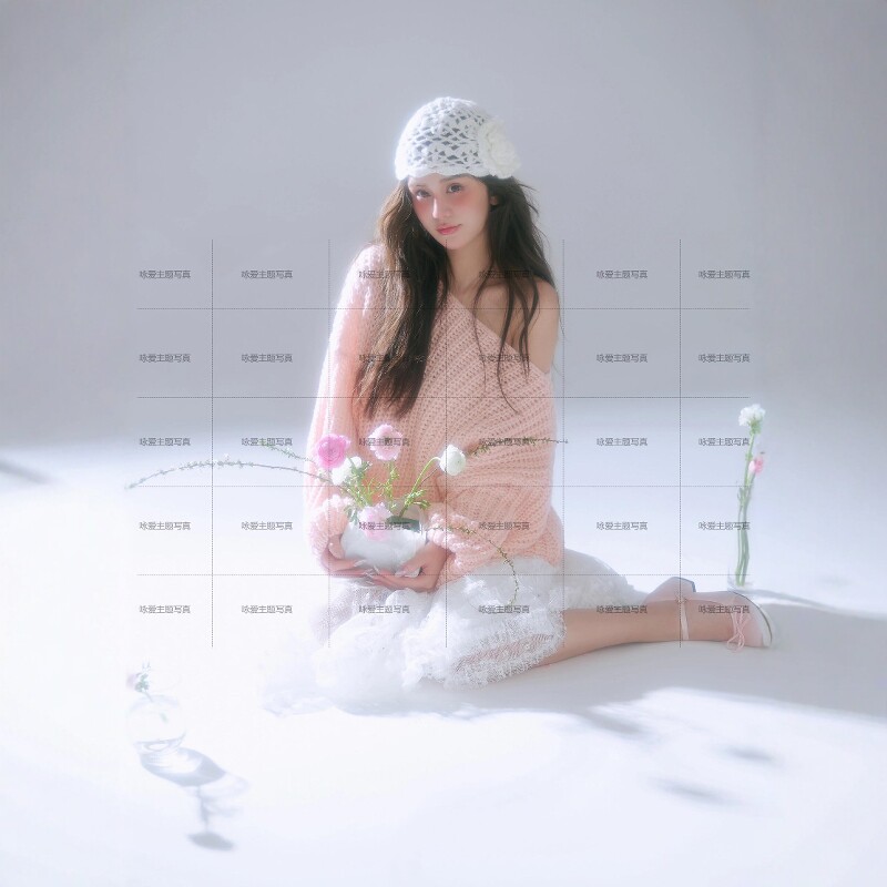 影楼春夏季小清新粉色毛衣一字肩少女生日肖像韩系甜美写真艺术照