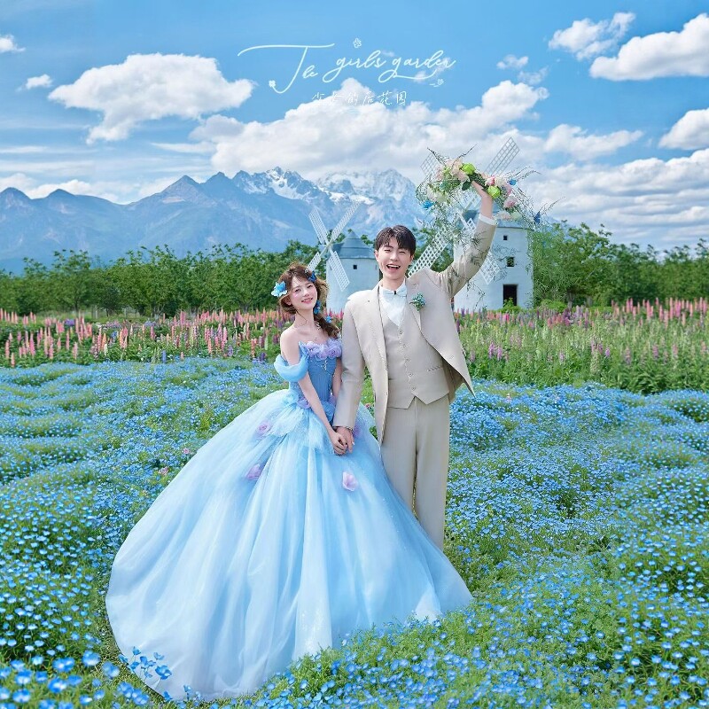 影楼新款蓝色抹胸拖尾公主风婚纱