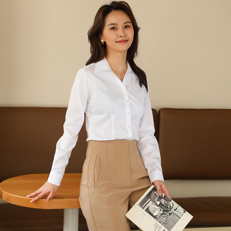 纯棉女士长袖衬衫DP成衣免烫100支修身商务正装工作服正领V领衬衣
