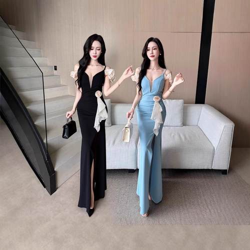 1625高级感吊带露肩订花连衣裙晚礼服裙订婚宴会花朵拼接收腰开叉