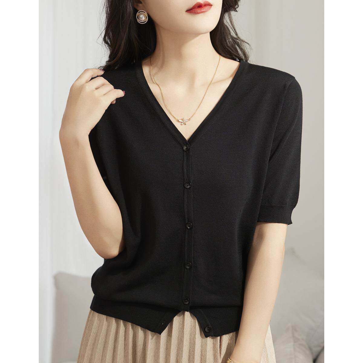 夏季新款百搭法式v领纽扣冰丝针织衫高级感薄款宽松短袖T恤上衣女