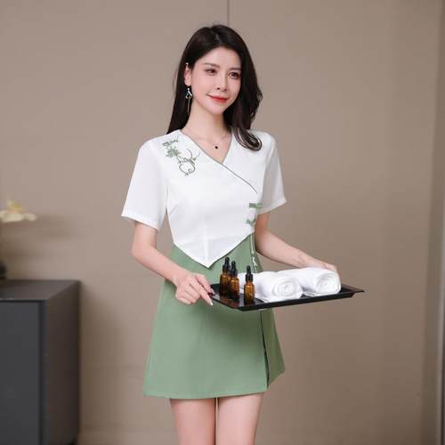 2025夏季足浴技师工作服女足疗店养生馆采耳SPA会所气质短裙套装