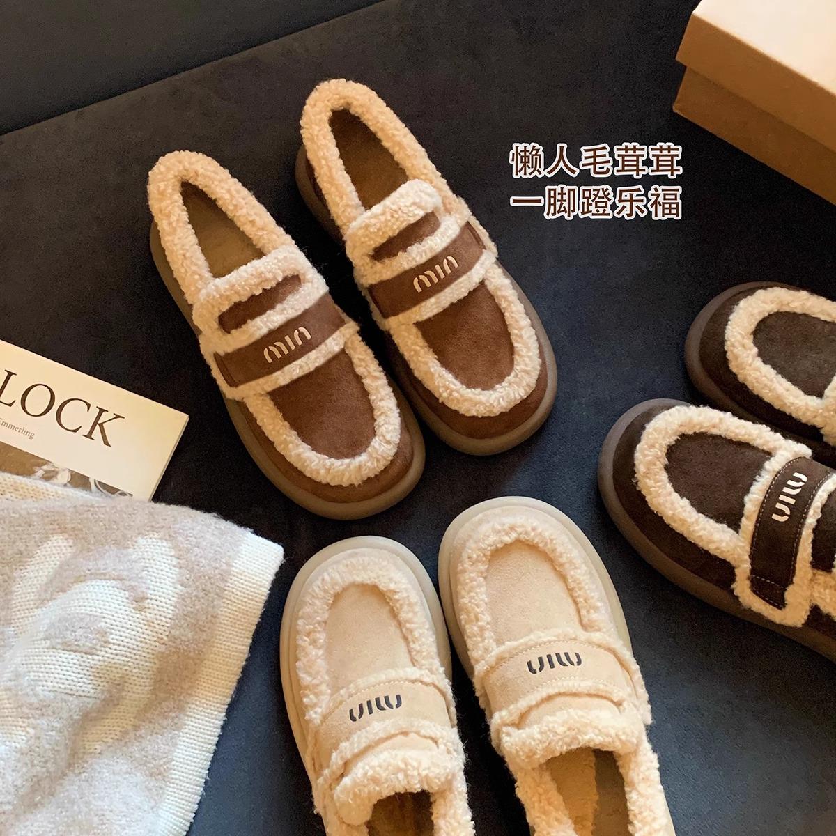圆头绒面保暖单鞋阿miu懒人一脚蹬厚底加绒加厚棉鞋毛毛乐福鞋女