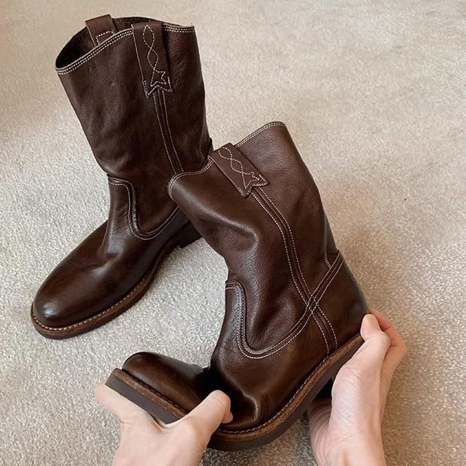 水洗牛皮~真皮复古V口中筒靴机车靴子粗跟西部牛仔靴女短靴骑士靴