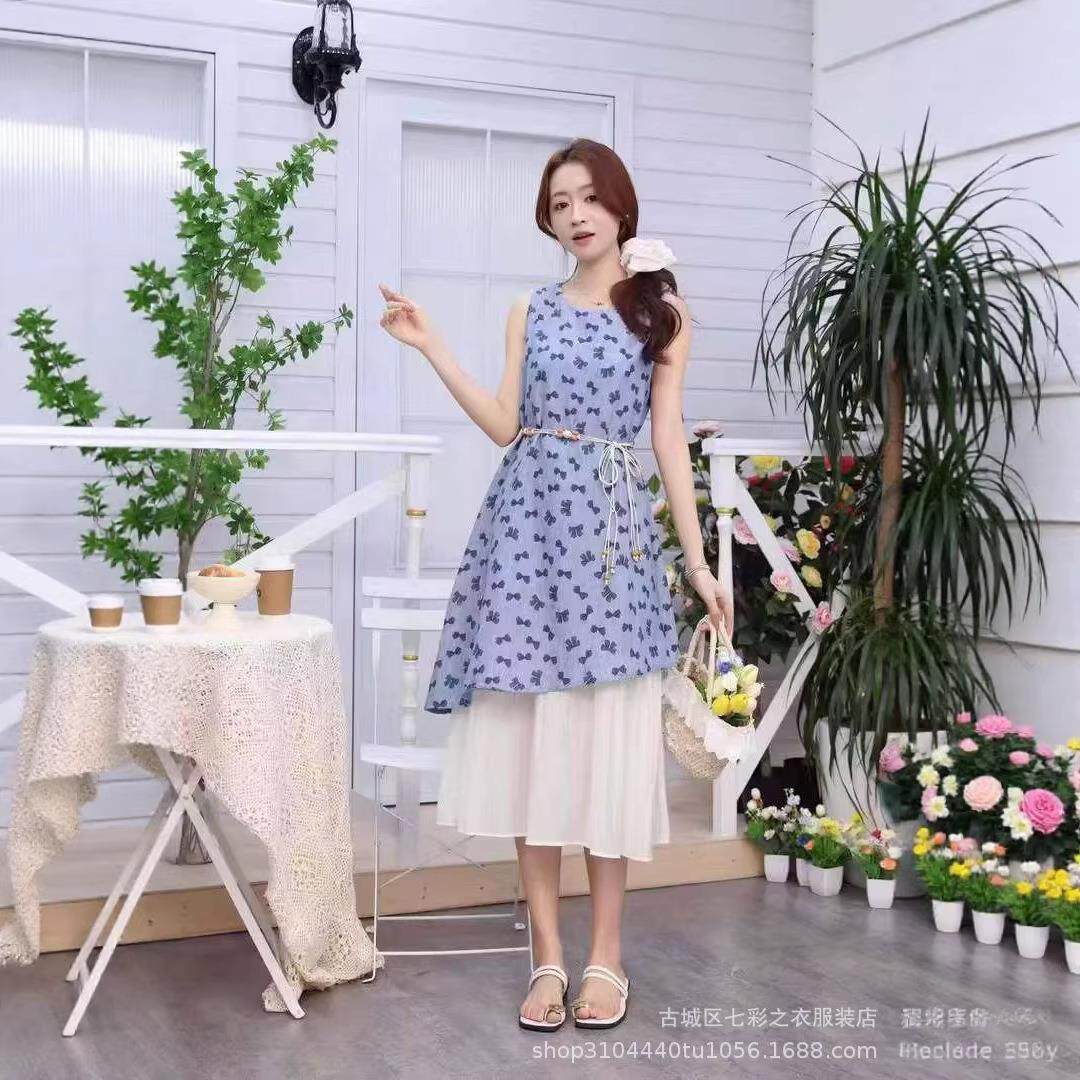 韩版蓝色系印花假两件 层次感背心女夏外穿小众高级感舒适连衣裙