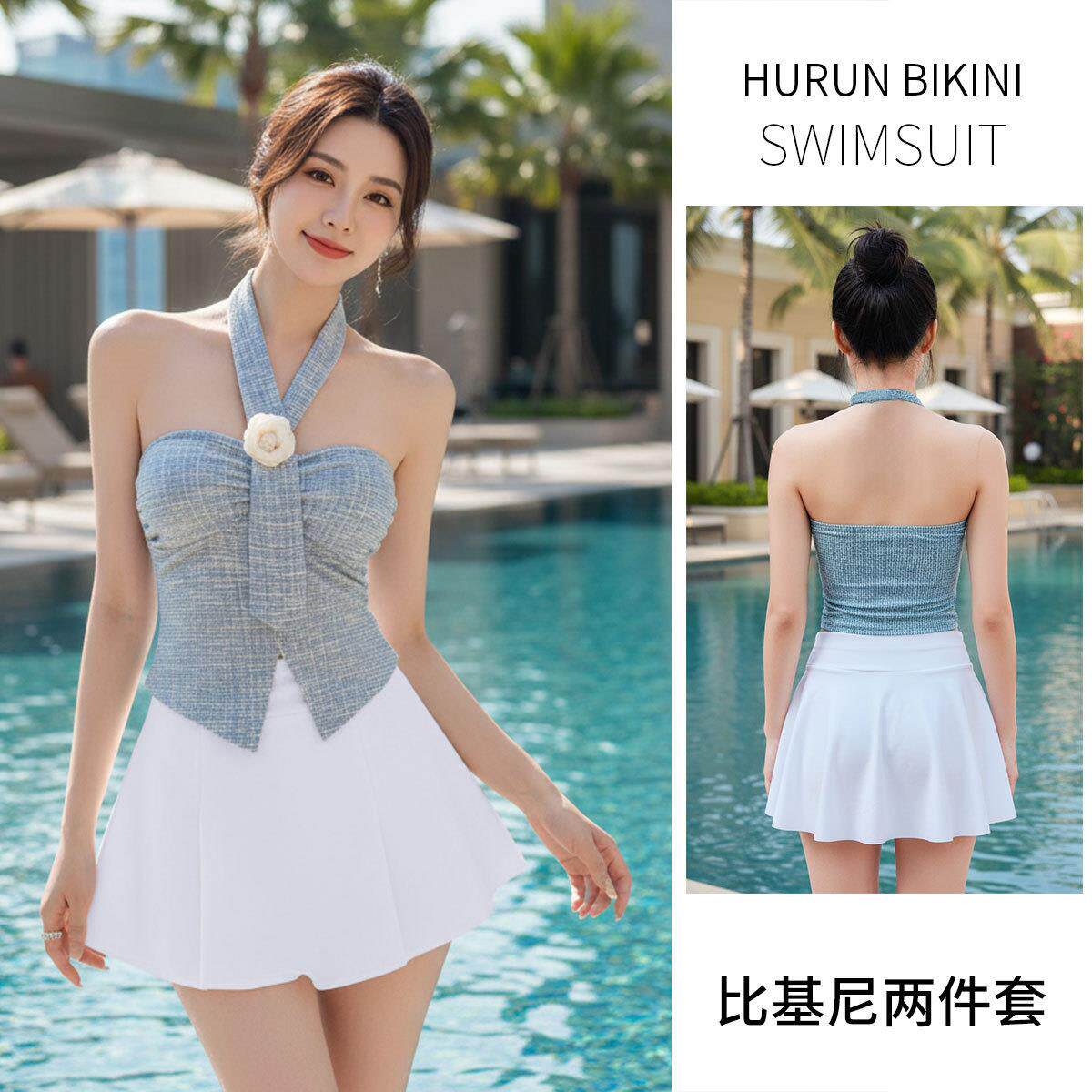 泳衣女法式复古小众挂脖花朵抹胸裙式分体泳装海边温泉度假