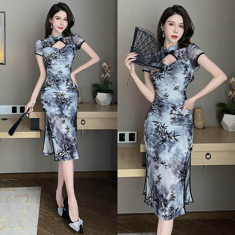 2025新款秋冬技师工装印花气质中长款足疗养生馆开叉改良旗袍1500