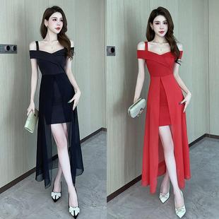 6503 夏季 性感新款 一字肩技师工作服推拿水疗晚礼服长裙气质修身