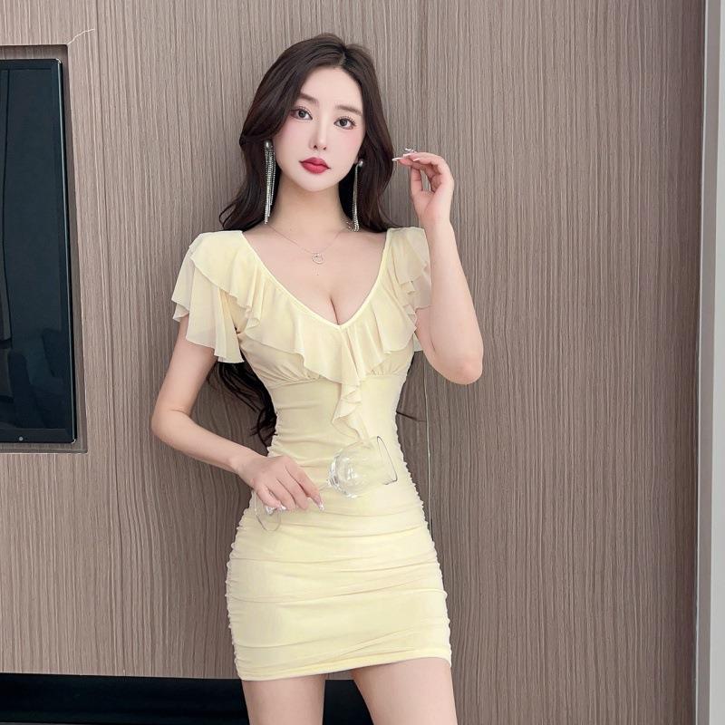 夜总 会所技师沐足工作服深v领网纱低胸荷叶边短袖包臀修身连衣裙