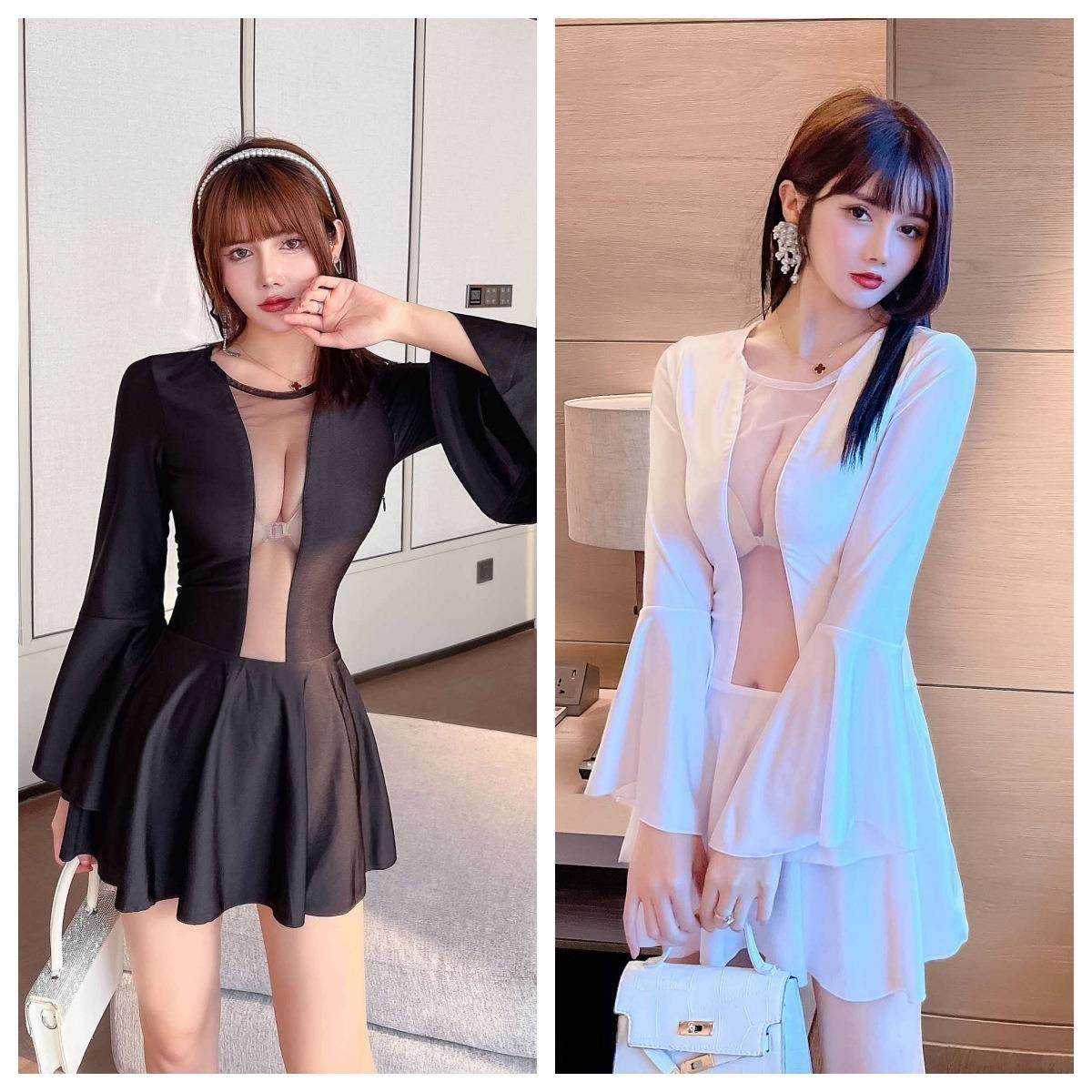 夜店女装白色减龄性感网纱拼接露胸连衣裙蹦迪女装桑拿技师工作服