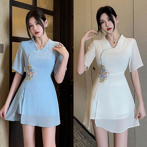 新款SPA美容师工作服足浴足疗技师服桑拿工装性感显瘦连衣裙1362