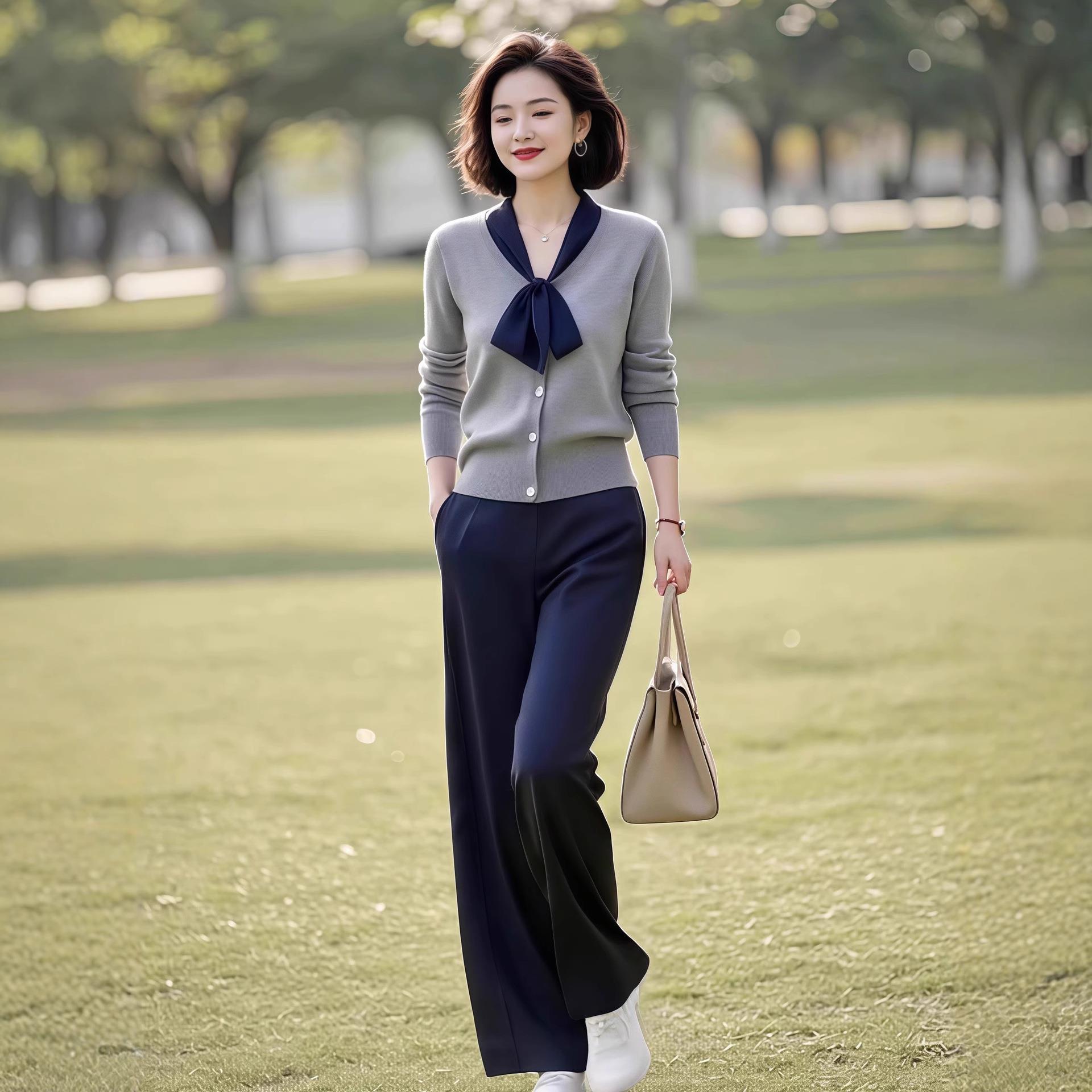 中老年韩版女装通勤设计春秋新款拼接系带针织上衣直筒裤两件套装