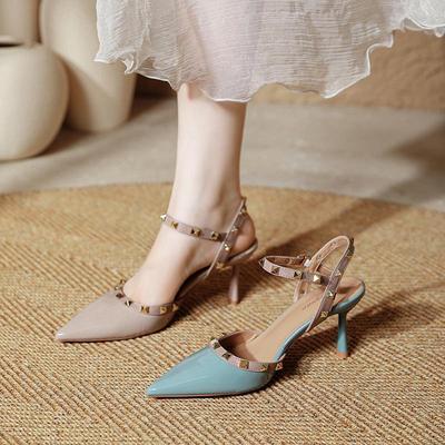 铆钉一字带高跟鞋细跟2025新款夏季法式包头凉鞋大码尖头后空单鞋