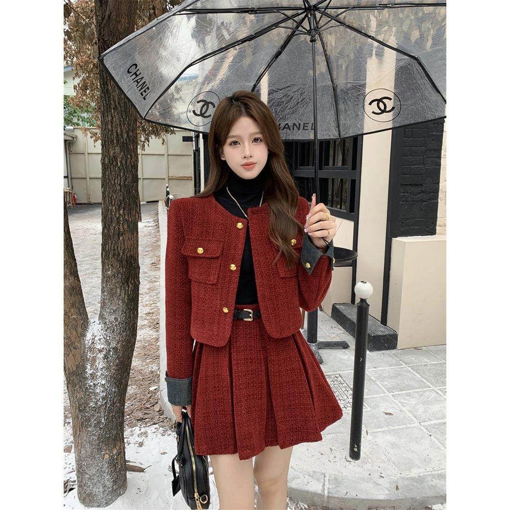 (提花面料一套)红色小香风套装裙两件套秋冬新款外套+百褶裙,女装/女士精品,毛呢外套,淘宝优惠券,粉丝福利购,淘宝优惠卷