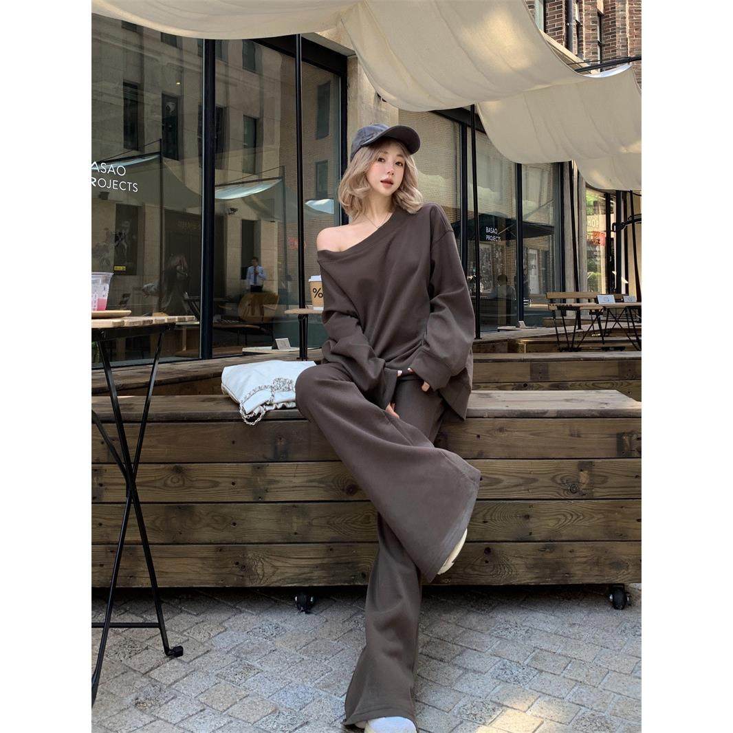 春秋穿搭美式卫衣女chic韩系休闲百搭慵懒风宽松长袖斜肩露肩上衣,女装/女士精品,休闲裤,淘宝优惠券,粉丝福利购,淘宝优惠卷