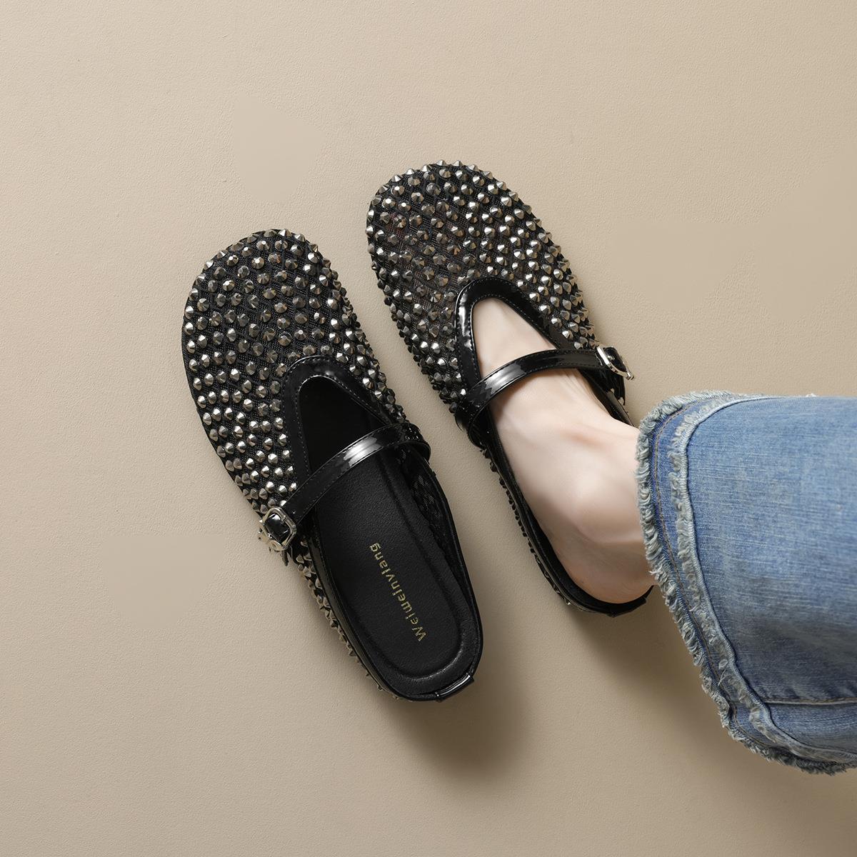 720-1网纱一字带包头半拖鞋女外穿内水钻穆勒凉拖鞋