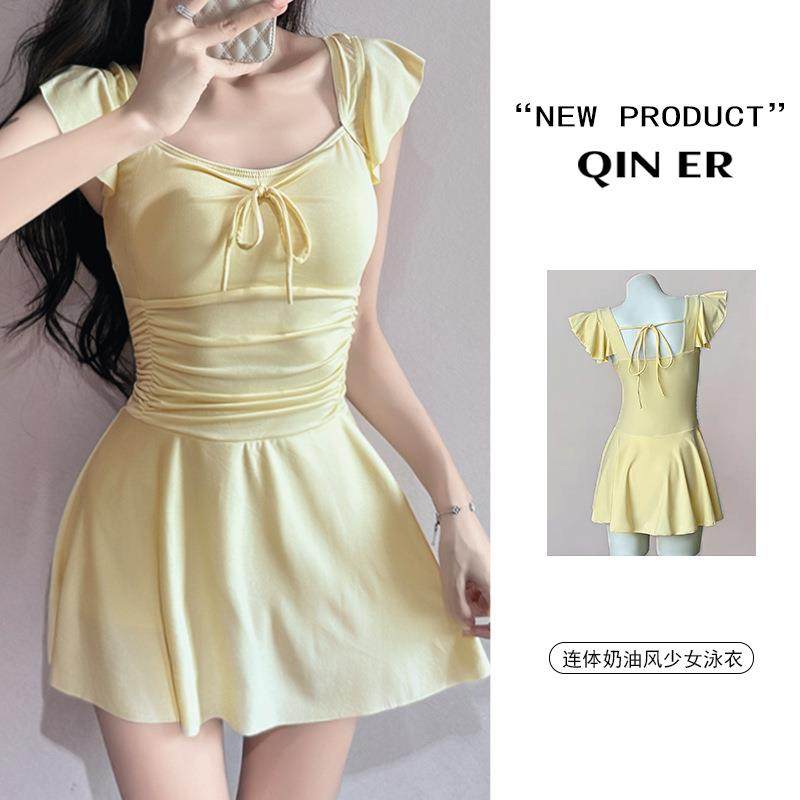泳衣女款连体纯色甜美裙式保守显瘦修身遮肉遮肚学生温泉泳衣