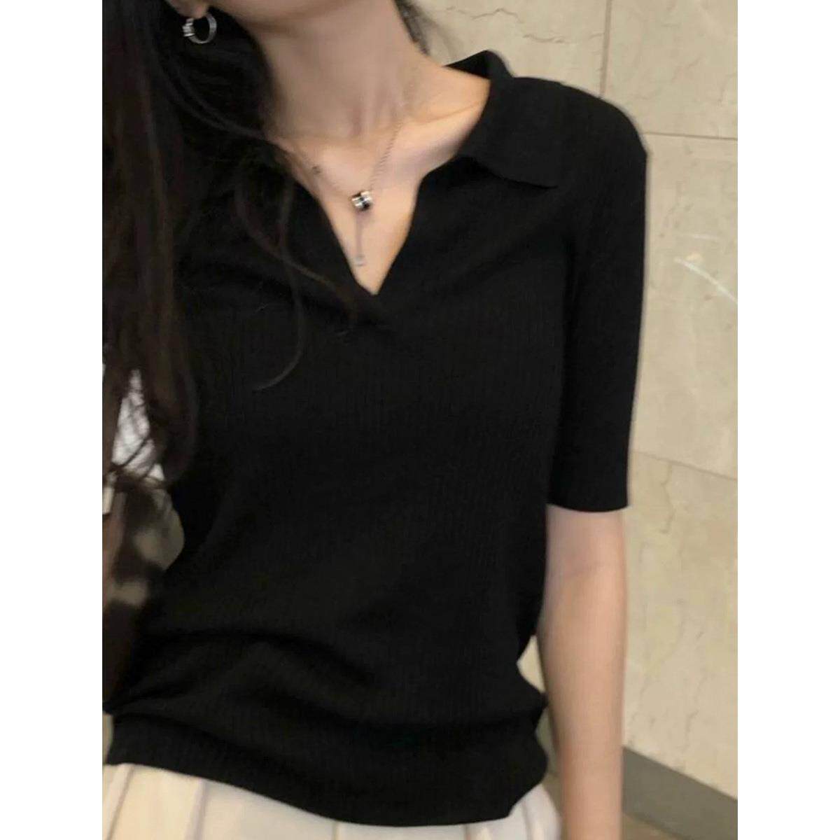 黑色高级感POLO领v领短袖针织衫女2025年春季新款修身显瘦T恤上衣