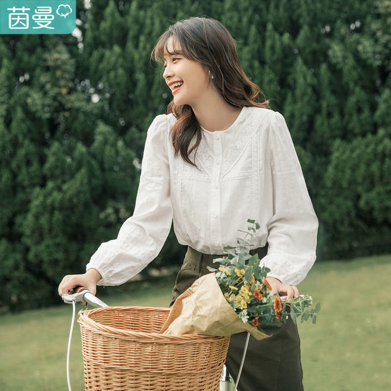 茵曼设计感白色衬衫女秋季2022新款百搭蕾丝绣花衬衣长袖纯棉上衣