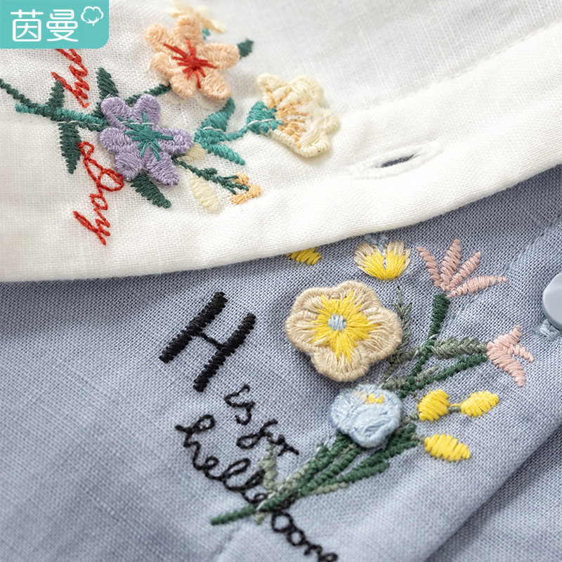 茵曼短袖衬衣女夏装2022新款经典翻领开襟衬衣贴布绣花显瘦上衣服