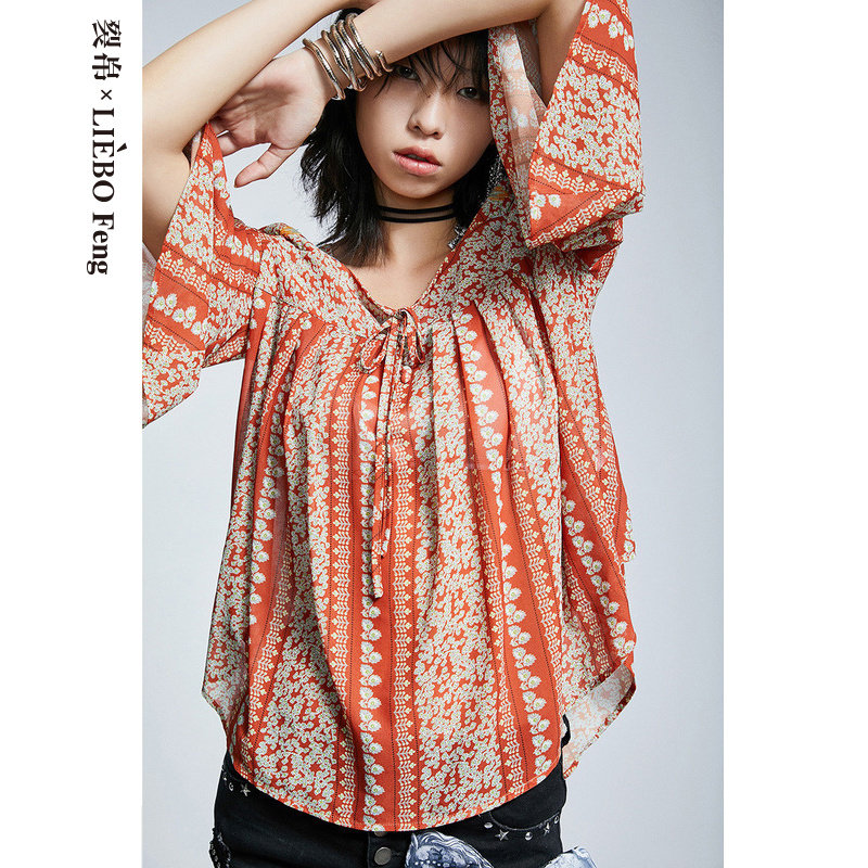 裂帛2020夏季新款浪漫波西米亚风印花方领系带宽松绣花雪纺衫女