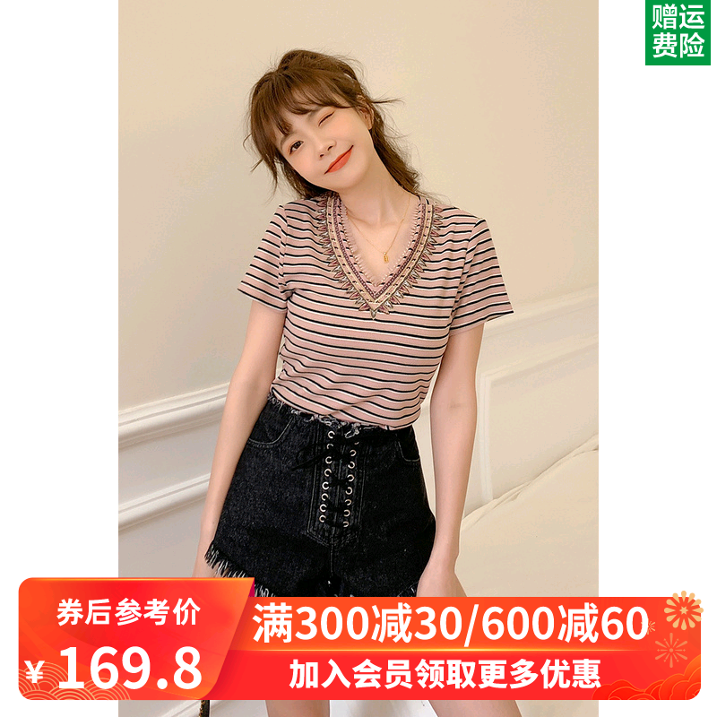 裂帛2020夏季新款波西米亚风条纹刺绣V领柔软修身针织百搭T恤女