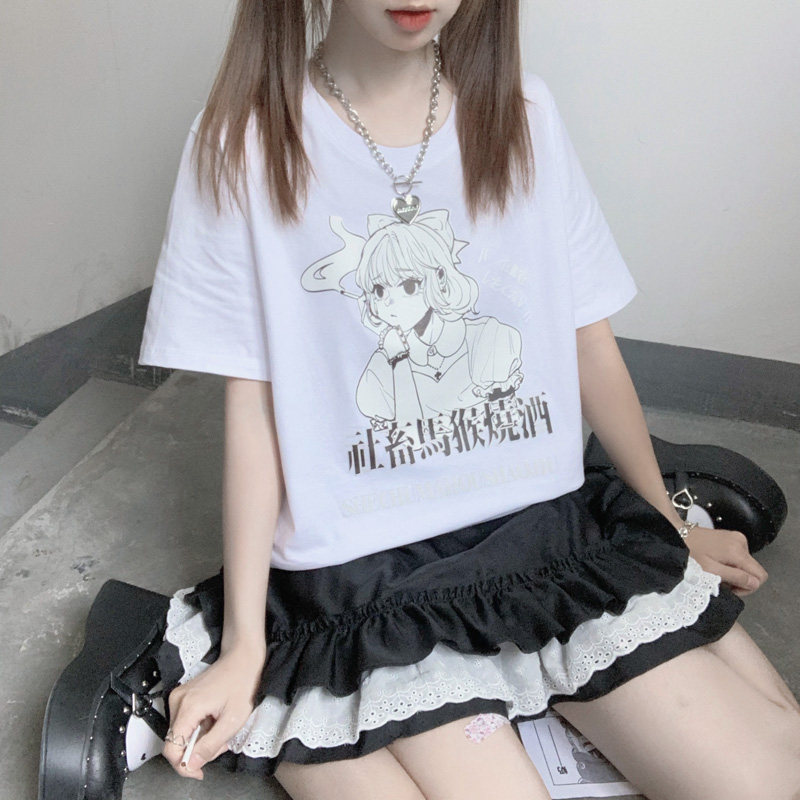 一枚同学 日系原创漫画少女印花夏季可爱宽松全棉短袖t恤女学院风