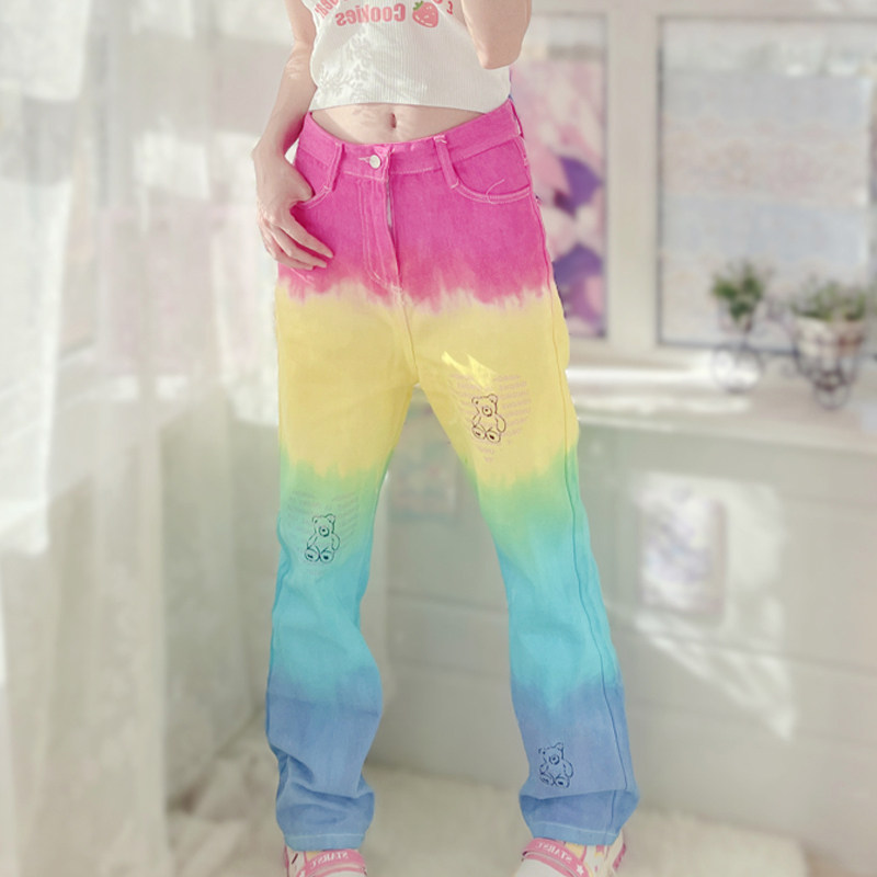 原创扎染多巴胺彩虹牛仔高腰长裤女可爱甜美漫画熊学院直筒拖地裤
