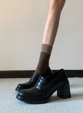 羊皮版~高跟乐福鞋女复古百搭小皮鞋黑色简约一脚蹬通勤静音