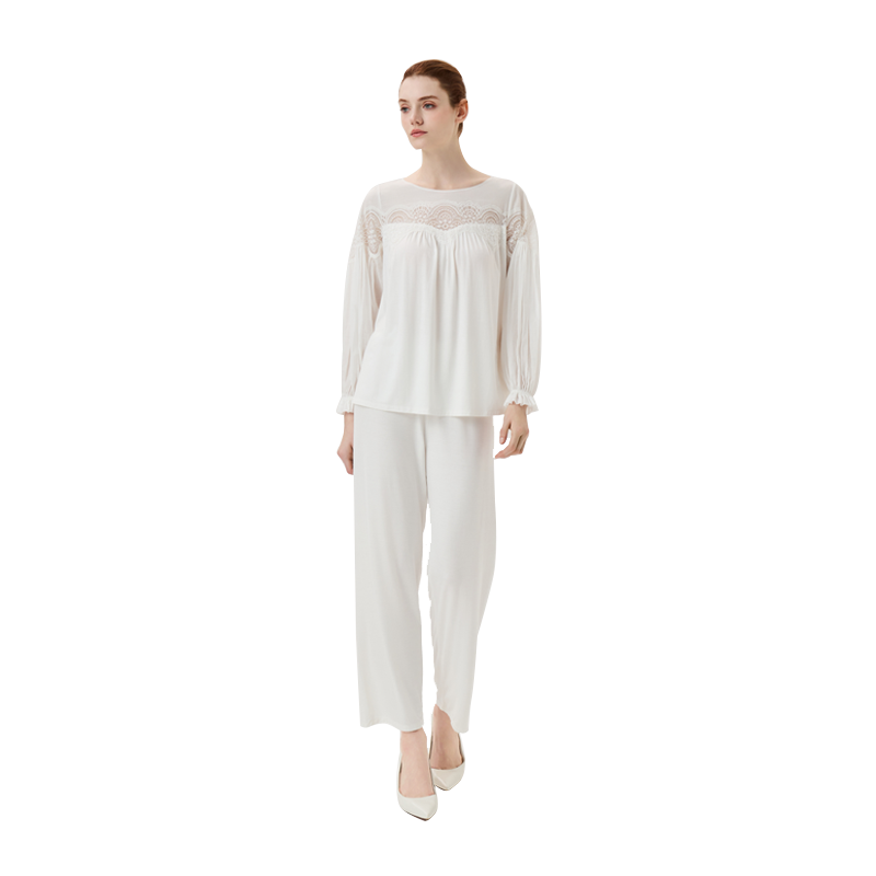 CA BRIDA【可可女孩】秋季新品法式莫代尔拼镂空蕾丝睡衣套装O705