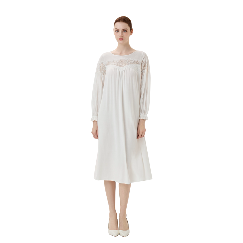 CA BRIDA【可可女孩】秋季新品法式莫代尔拼镂空蕾丝长袖睡裙O705
