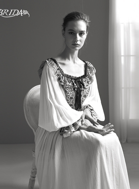 CA BRIDA【黑白经典21ss】法式复古蕾丝拼接棉长睡裙CLS4B408C2