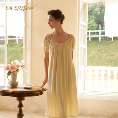 CA BRIDA【杏花香】新品法式杏花色花型蕾丝泡泡袖莫代尔睡裙O302