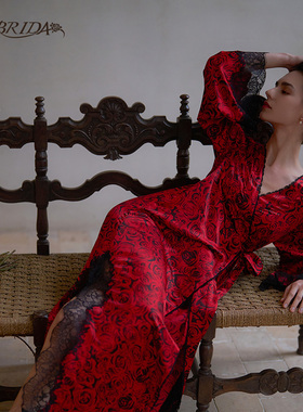 CA BRIDA【法兰西玫瑰】【黑标】法式红玫瑰印花斜襟晨褛睡袍O804