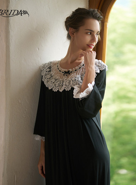 CA BRIDA【黑白恋情】法式经典重工蕾丝公主袖莫代尔复古睡裙M712