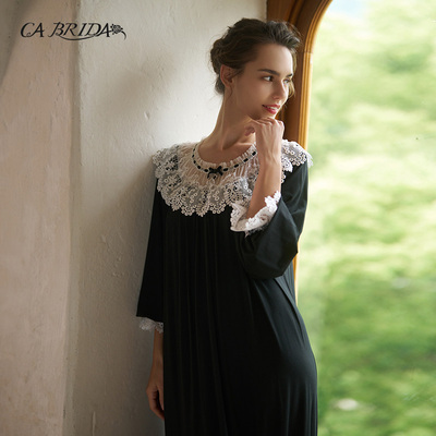 CA BRIDA【黑白恋情】法式经典重工蕾丝公主袖莫代尔复古睡裙M712