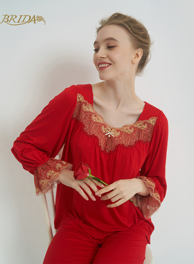 CA BRIDA【富贵花开】爆款法式金蕾丝莫代尔裸感红睡衣套装M1201