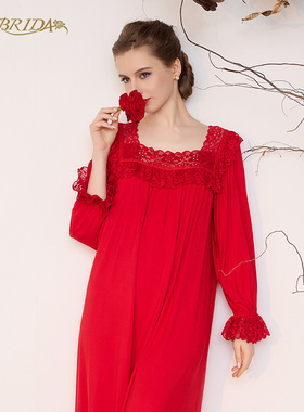 CABRIDA【幸福红】新品新年红色莫代尔裸感蕾丝家居睡裙PC1201C1