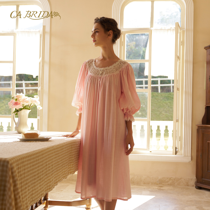 CA BRIDA【夏日午后】新品法式蕾丝圆领经典长袖棉睡裙O103